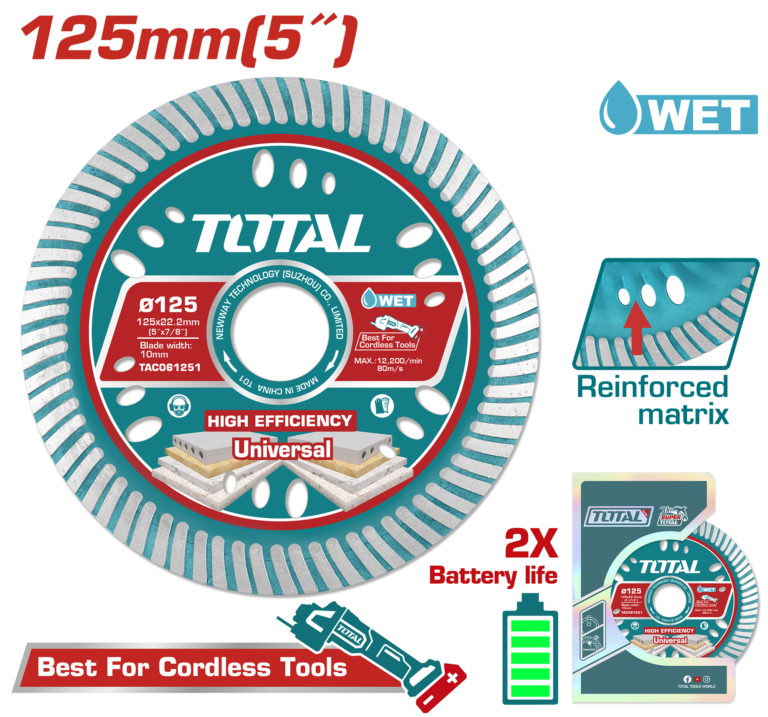 أسطوانة قص ألماس رفيع 125 ملم | 5 إنش – سماكة 1.6 ملم للرخام والباطون من توتال (TAC061251)