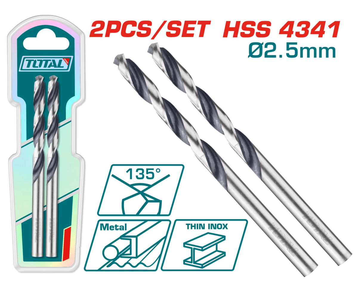 TOTAL 2 Pcs HSS Drill Bit set 2.5mm – 135° Tip HSS 4341 Steel (TAC1200254)