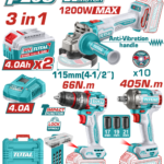 طقم عدة شحن 20 فولت 3 قطع بدون فحمات – صاروخ + درل + درل بوكس مع بطاريتين من توتال (TCKLI20358)