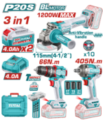 طقم عدة شحن 20 فولت 3 قطع بدون فحمات – صاروخ + درل + درل بوكس مع بطاريتين من توتال (TCKLI20358)