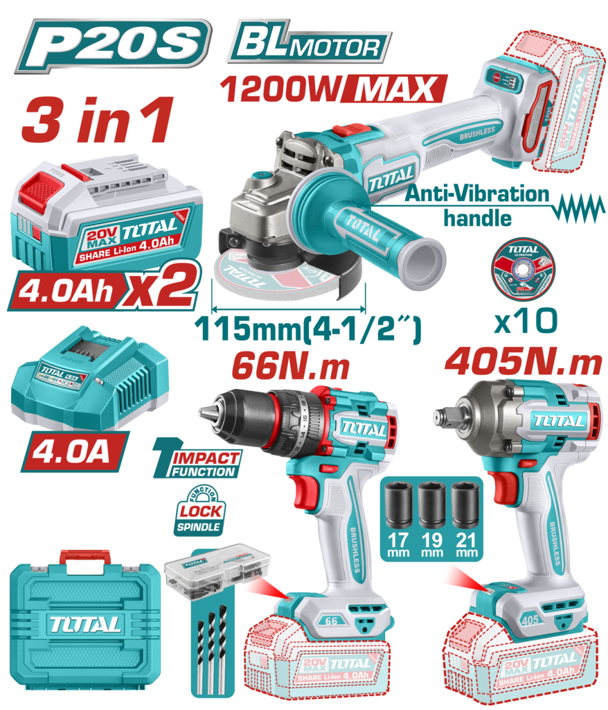 طقم عدة شحن 20 فولت 3 قطع بدون فحمات – صاروخ + درل + درل بوكس مع بطاريتين من توتال (TCKLI20358)