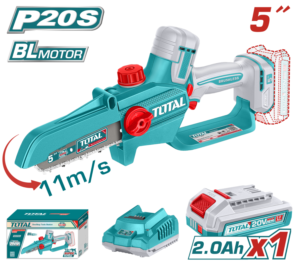 TOTAL 20V Cordless Pruner Saw 5″ Brushless – Compact Chainsaw with 2.0Ah Battery (TGSLI20561)
