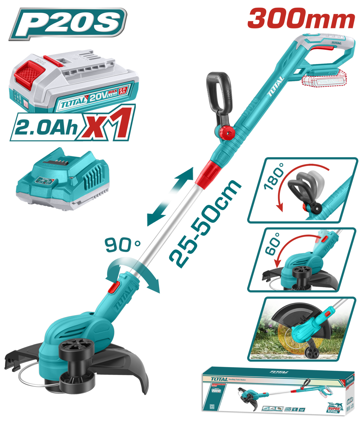 TOTAL 20V Cordless Grass Trimmer 300mm – 8200rpm with Edging Wheel & a Battery (TGTLI203285)