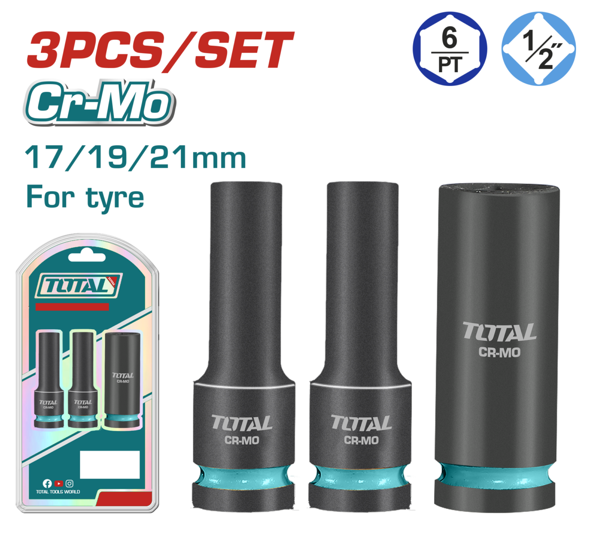 TOTAL 3 Pcs 1/2″ Dr. Deep Impact Socket Set 17-19-21mm – Cr-Mo Heavy Duty (THKISD12042L)