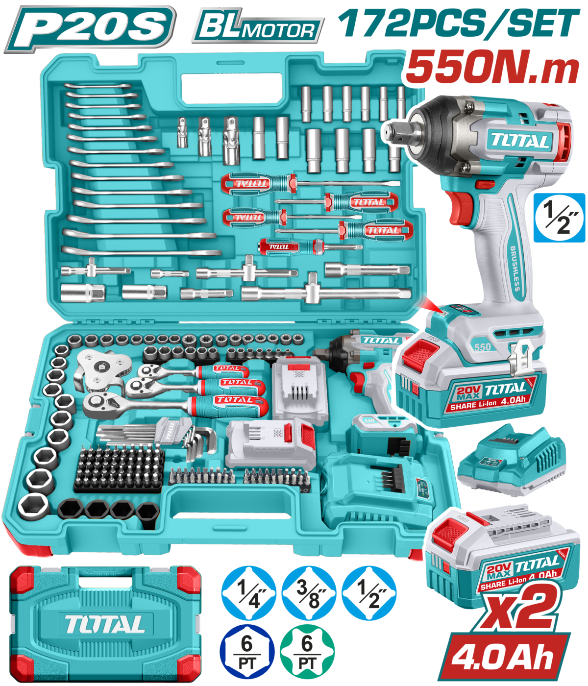 TOTAL 20V Cordless Impact Wrench 1/2″ 550Nm – 172 Pcs Complete Tools Set with Batteries (THKTHP41728)