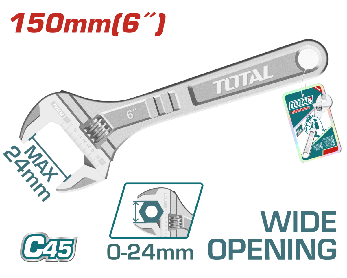 TOTAL Adjustable Wrench 6″ / 150mm – Adjustable Spanner 0-24mm Capacity (THT101063)