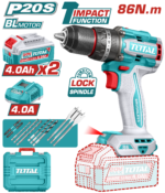 TOTAL 20V Brushless Cordless Impact Drill 13mm – 86Nm with 2×4.0Ah Batteries & Accessories Kit (TIDLI208682)