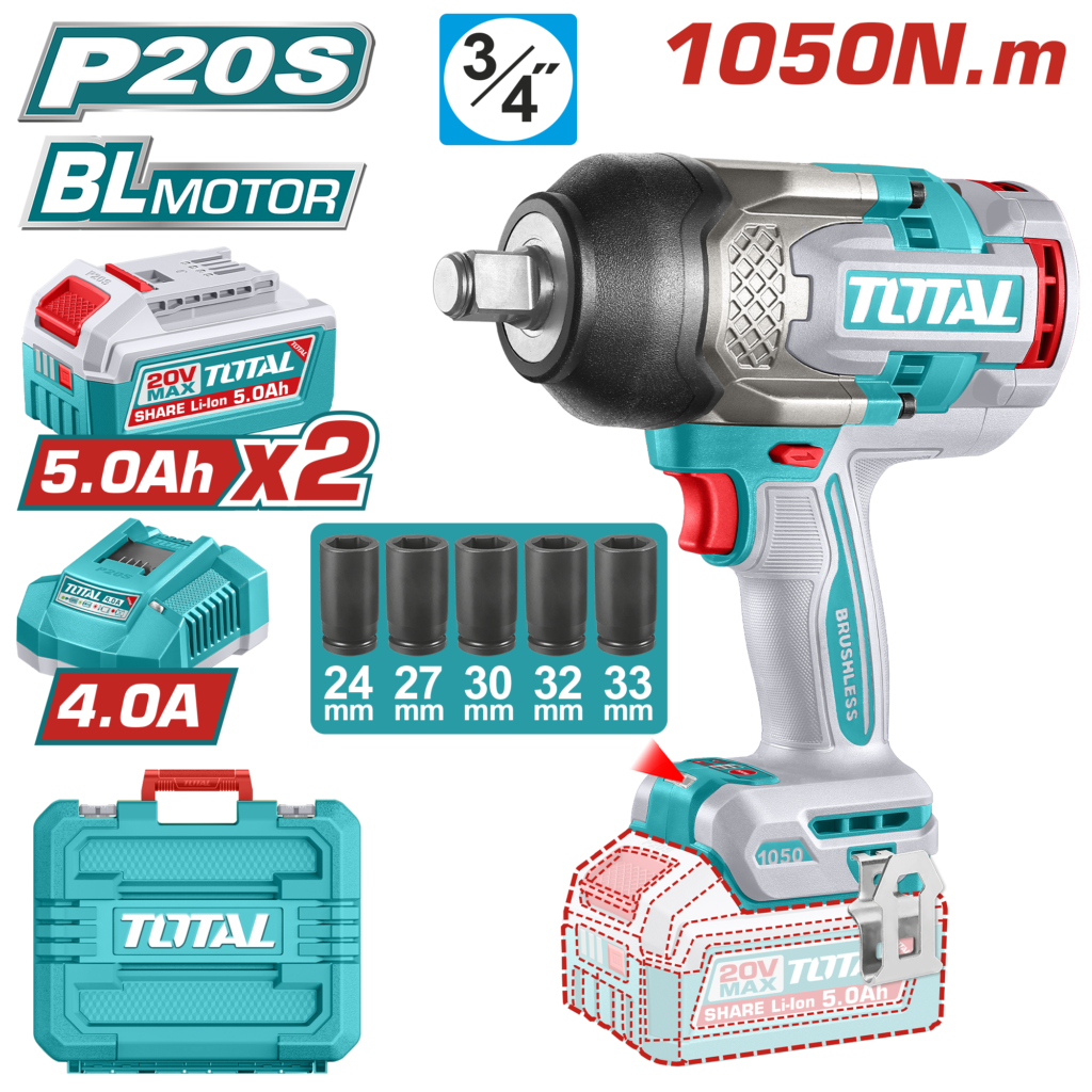 TOTAL 20V Cordless Impact Wrench 3/4" Brushless – 1050Nm with 2×5.0Ah Batteries & Deep Sockets Set (TIWLI20105)