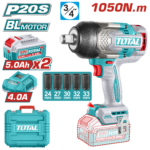 TOTAL 20V Cordless Impact Wrench 3/4" Brushless – 1050Nm with 2×5.0Ah Batteries & Deep Sockets Set (TIWLI20105)