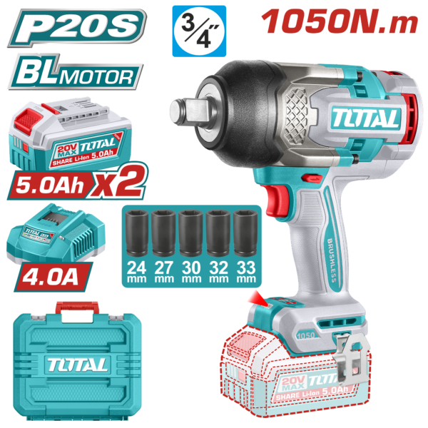 TOTAL 20V Cordless Impact Wrench 3/4" Brushless – 1050Nm with 2×5.0Ah Batteries & Deep Sockets Set (TIWLI20105)