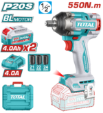 درل بوكس شحن 20 فولت بدون فحمات مقاس 1/2 إنش – عزم 550 نيوتن مع بطاريتين وطقم بوكس من توتال (TIWLI2055)