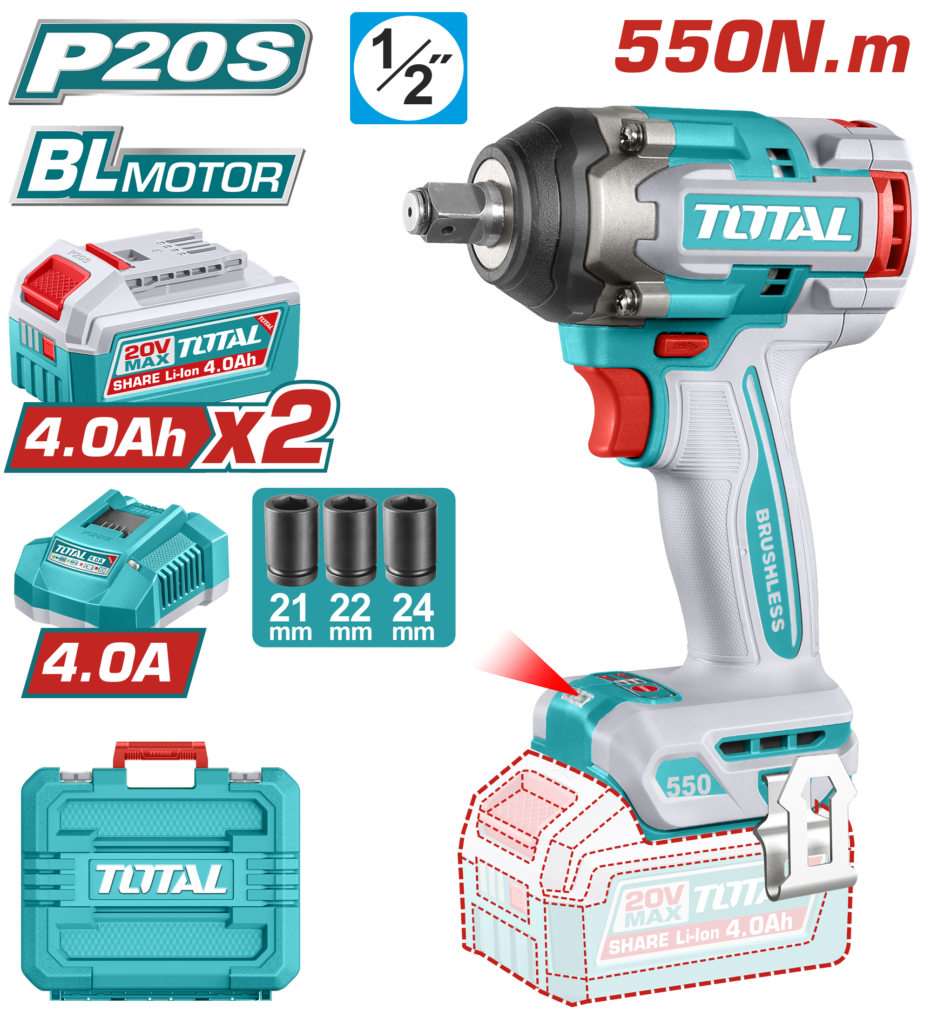 درل بوكس شحن 20 فولت بدون فحمات مقاس 1/2 إنش – عزم 550 نيوتن مع بطاريتين وطقم بوكس من توتال (TIWLI2055)