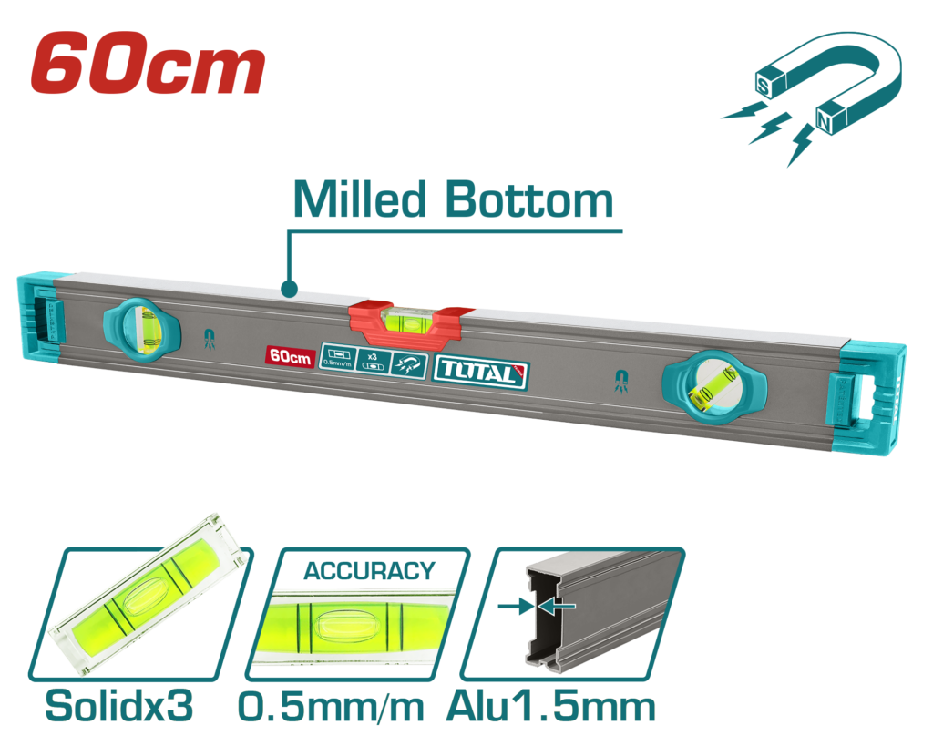 ميزان ماء 60 سم مع مغناطيس قوي – دقة 0.5 ملم/متر من توتال (TMT26028M)