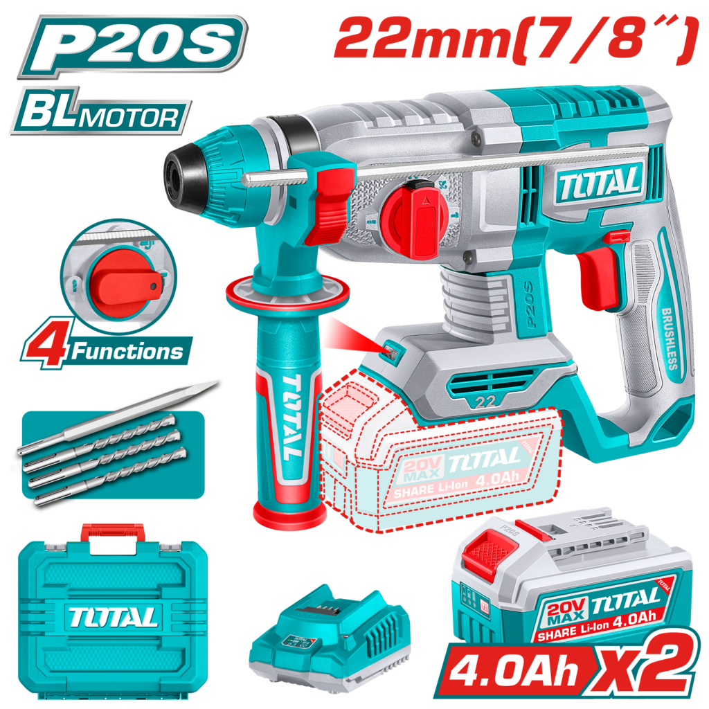 درل همر شحن 20 فولت بدون فحمات SDS Plus – قوة 2.0 جول مع بطاريتين وطقم ريش من توتال (TRHLI212282)