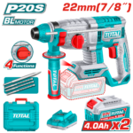 درل همر شحن 20 فولت بدون فحمات SDS Plus – قوة 2.0 جول مع بطاريتين وطقم ريش من توتال (TRHLI212282)