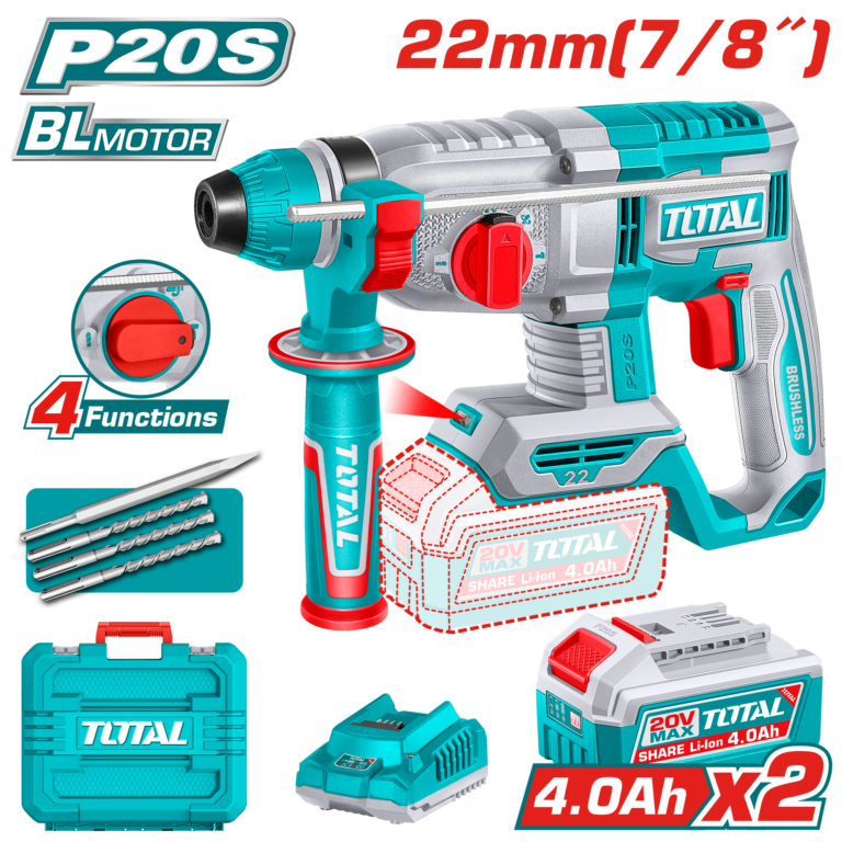 درل همر شحن 20 فولت بدون فحمات SDS Plus – قوة 2.0 جول مع بطاريتين وطقم ريش من توتال (TRHLI212282)