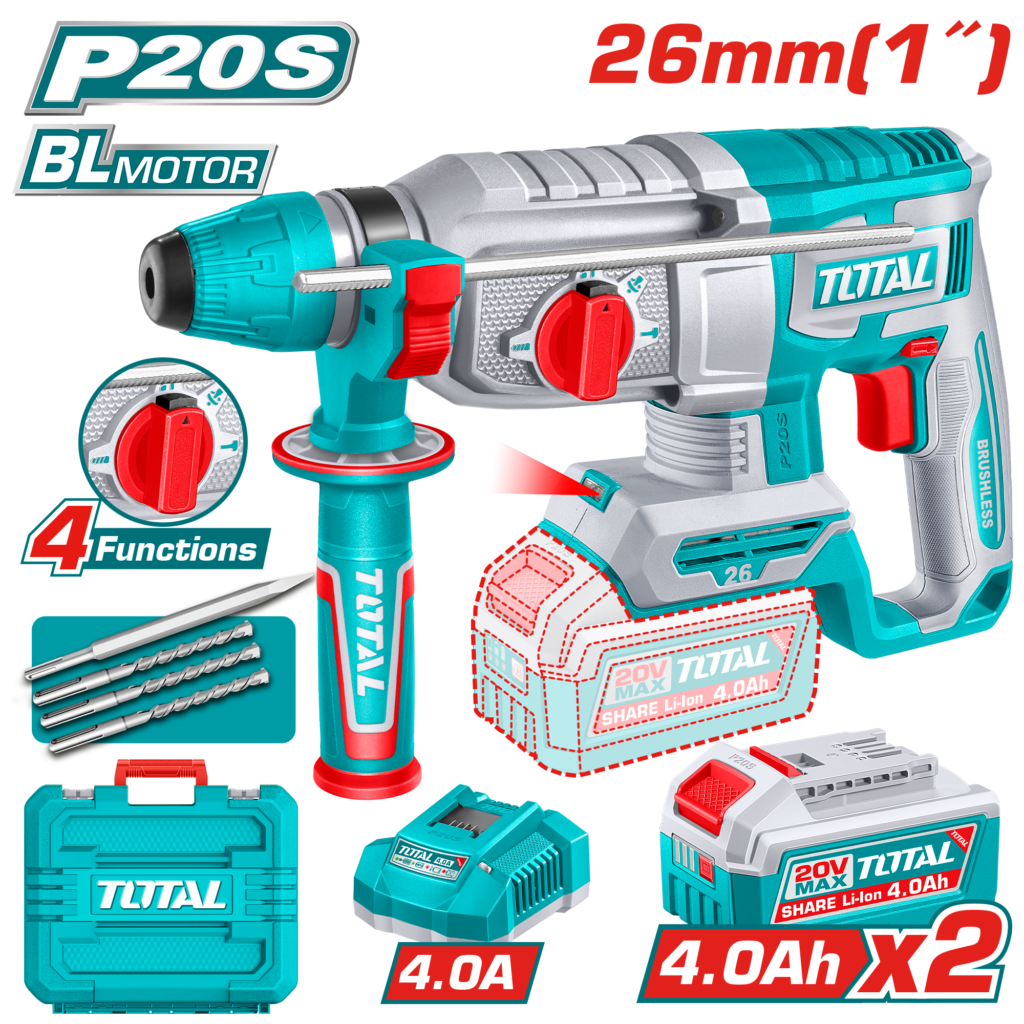 TOTAL 20V Cordless Rotary Hammer SDS Plus Brushless – 2.5J with 2×4.0Ah Batteries & Drill Set (TRHLI262085)