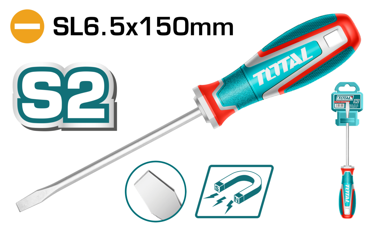 TOTAL Slotted Screwdriver SL6.5 150mm – S2 Steel Magnetic Tip with Ergonomic Handle (TSDSL6150)