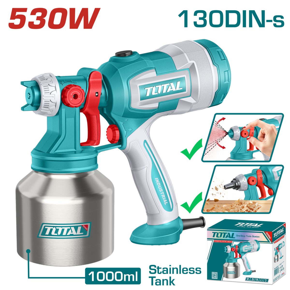 TOTAL Electric Paint Spray Gun 530W – Paint Sprayer 1000ml with Adjustable Spray & Dust Blower (TT45061)