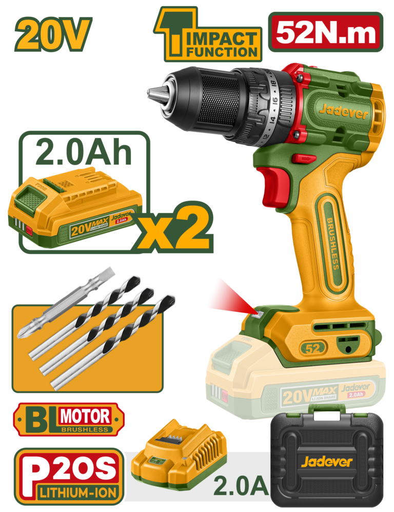 JADEVER Compact Brushless Cordless Impact Drill 52Nm – With 2 Batteries & Carrying Case (JDCDP5281)