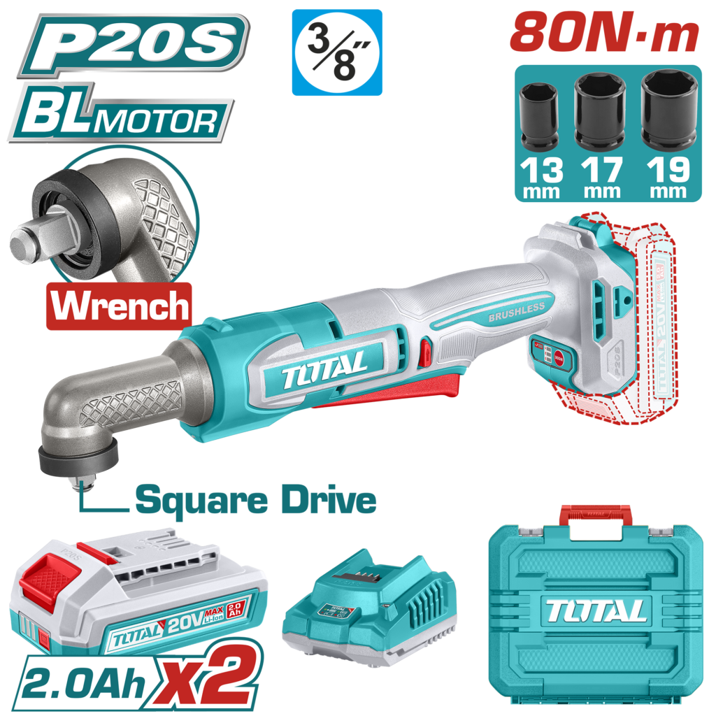 TOTAL Cordless Angle Impact Wrench 20V 80Nm – With Batteries & Carrying Case (TAIWLI208)