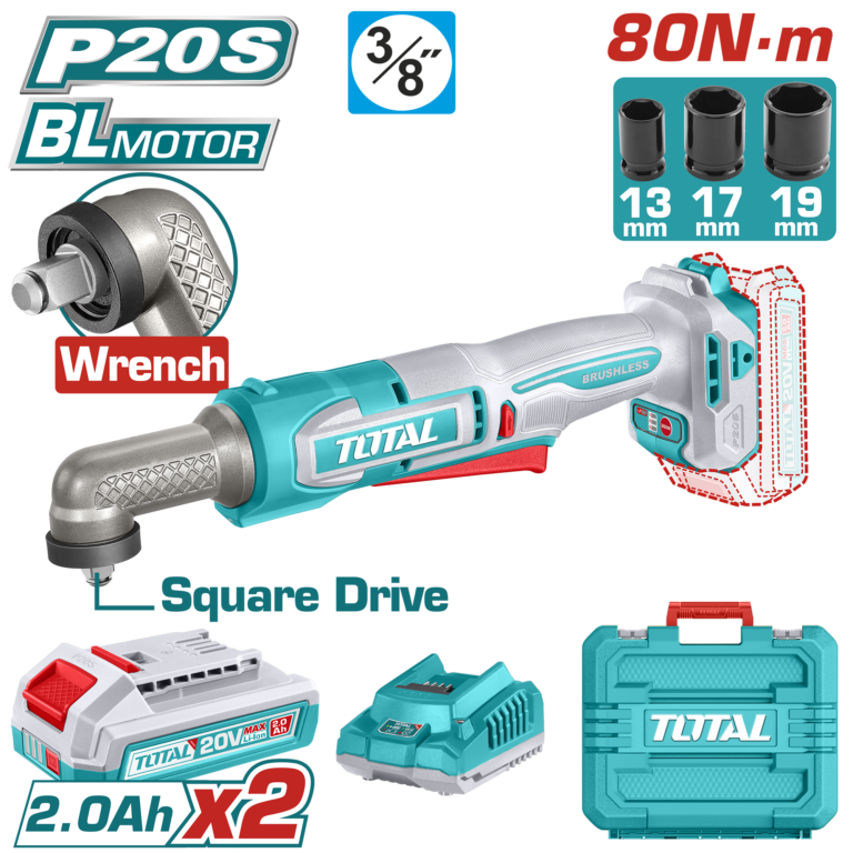 TOTAL Cordless Angle Impact Wrench 20V 80Nm – With Batteries & Carrying Case (TAIWLI208)