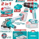 TOTAL 2 Pcs Cordless Combo Kit 20V – Brushless Drill & Angle Grinder Set (TCKLI20256)