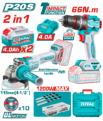 TOTAL 2 Pcs Cordless Combo Kit 20V – Brushless Drill & Angle Grinder Set (TCKLI20256)