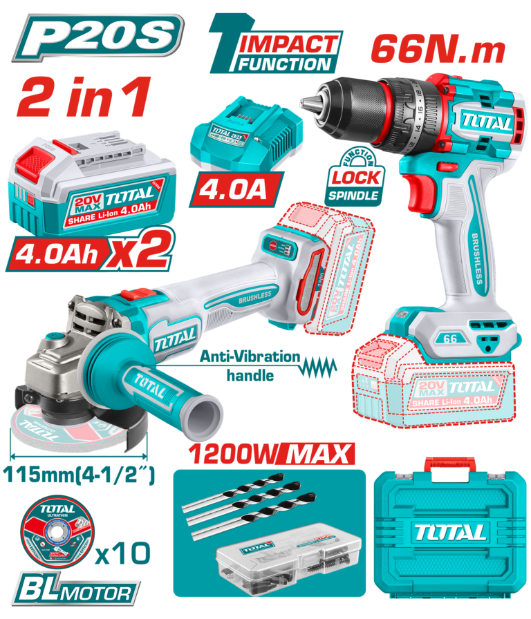TOTAL 2 Pcs Cordless Combo Kit 20V – Brushless Drill & Angle Grinder Set (TCKLI20256)