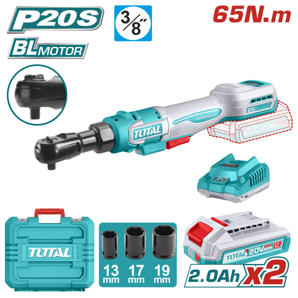 TOTAL 20V Cordless Drive Ratchet 65Nm – 3/8" With Batteries & Carrying Case (TDRLI20652)