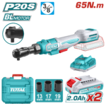 TOTAL 20V Cordless Drive Ratchet 65Nm – 3/8" With Batteries & Carrying Case (TDRLI20652)