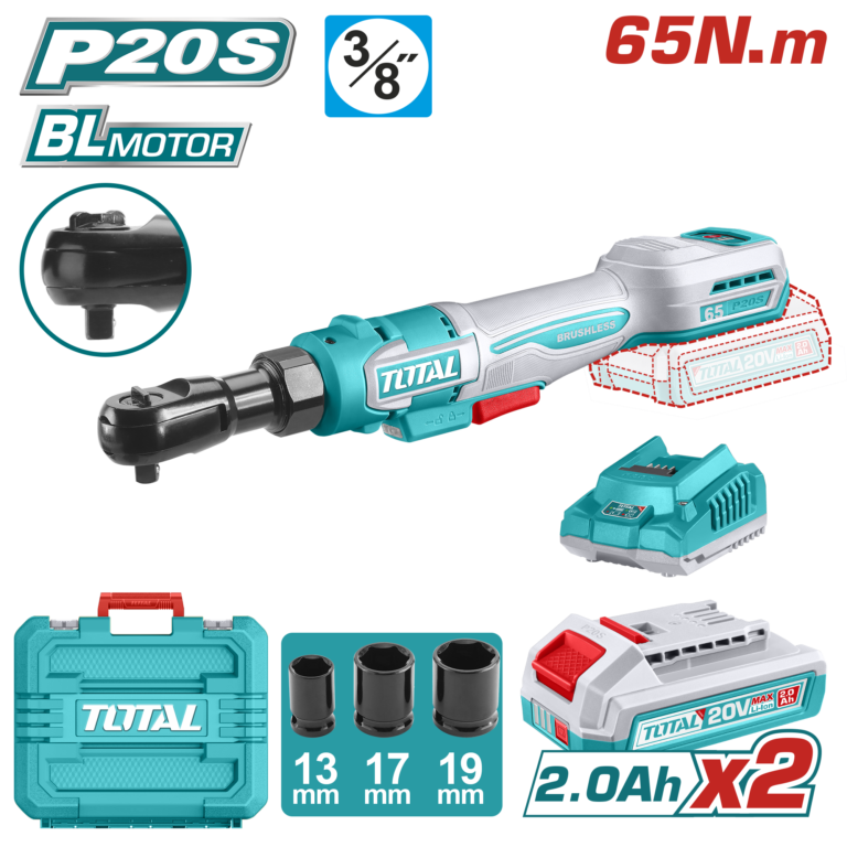 TOTAL 20V Cordless Drive Ratchet 65Nm – 3/8" With Batteries & Carrying Case (TDRLI20652)