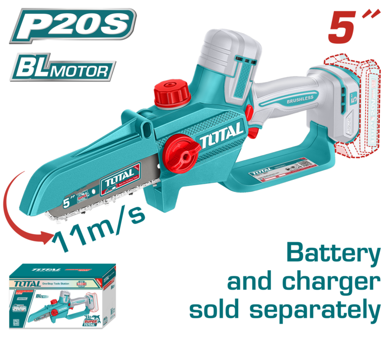 TOTAL Cordless Pruner Saw 20V – Brushless Mini Chain Saw 5" (TGSLI2056)