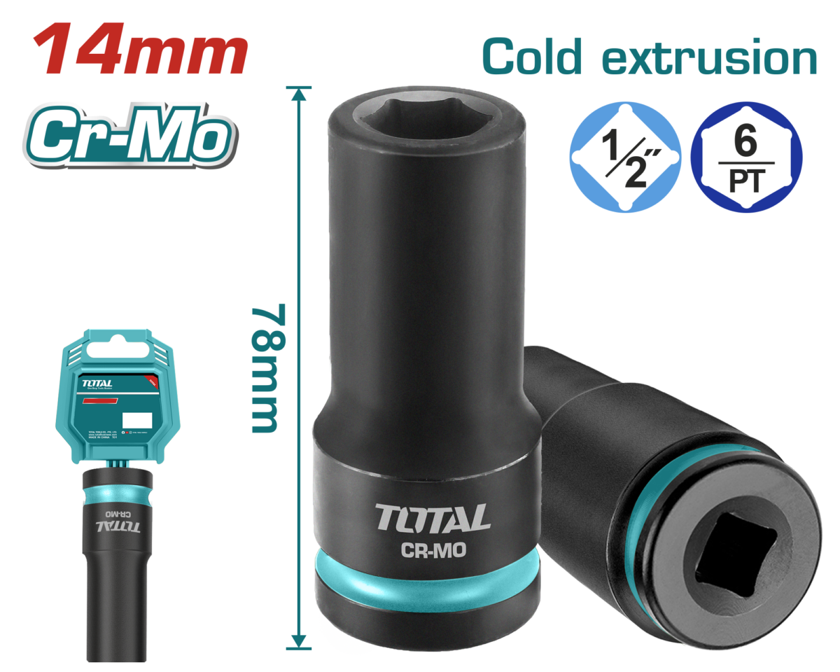 TOTAL 1/2″ DR. Deep Impact Socket 14mm – CrMo Heavy Duty Socket (THDIS12142L)