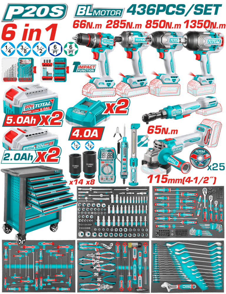 TOTAL 436 Pcs Tool Chest Set – Complete Workshop Kit with Cordless Power Tools & 7 Drawer Cabinet (THPTCS84362)