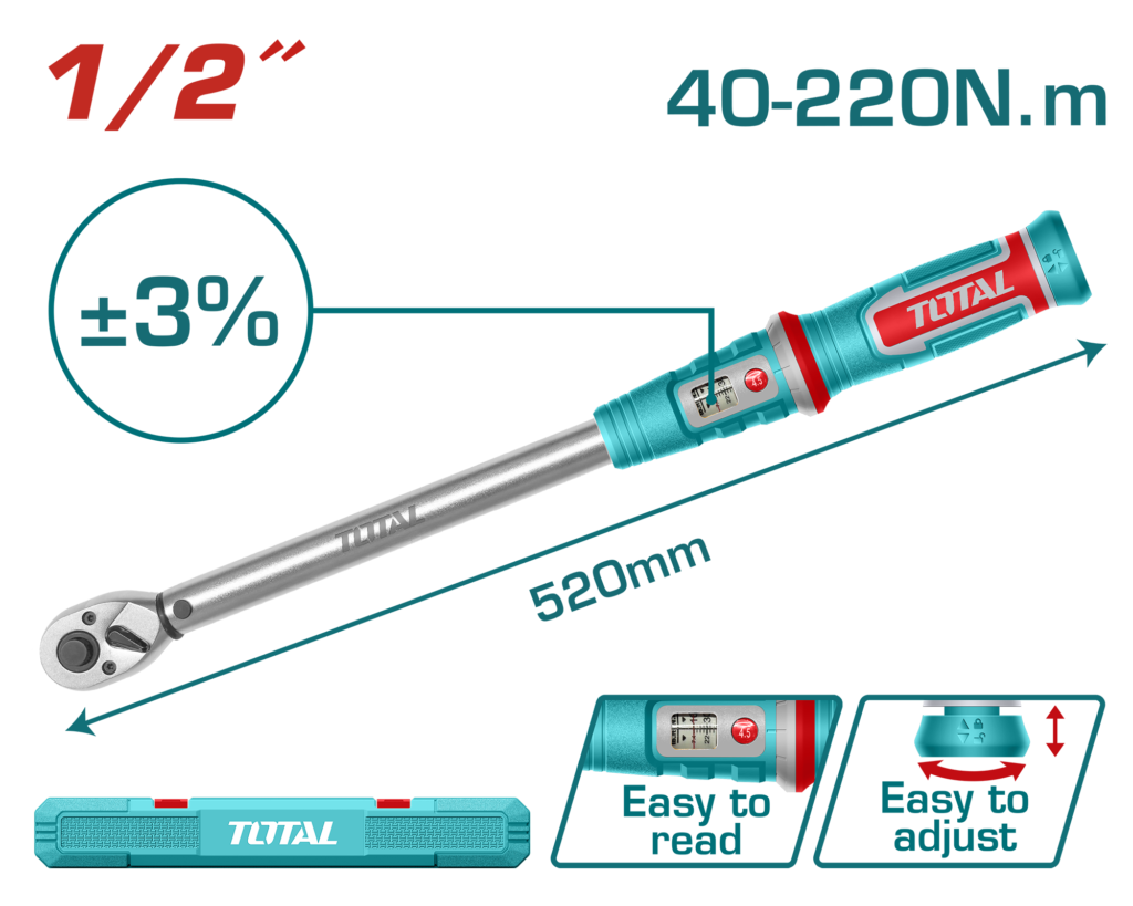 TOTAL Preset Torque Wrench 1/2" – Adjustable Torque Wrench 40-220Nm (THPTW1220N6)