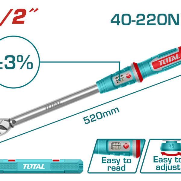 TOTAL Preset Torque Wrench 1/2" – Adjustable Torque Wrench 40-220Nm (THPTW1220N6)