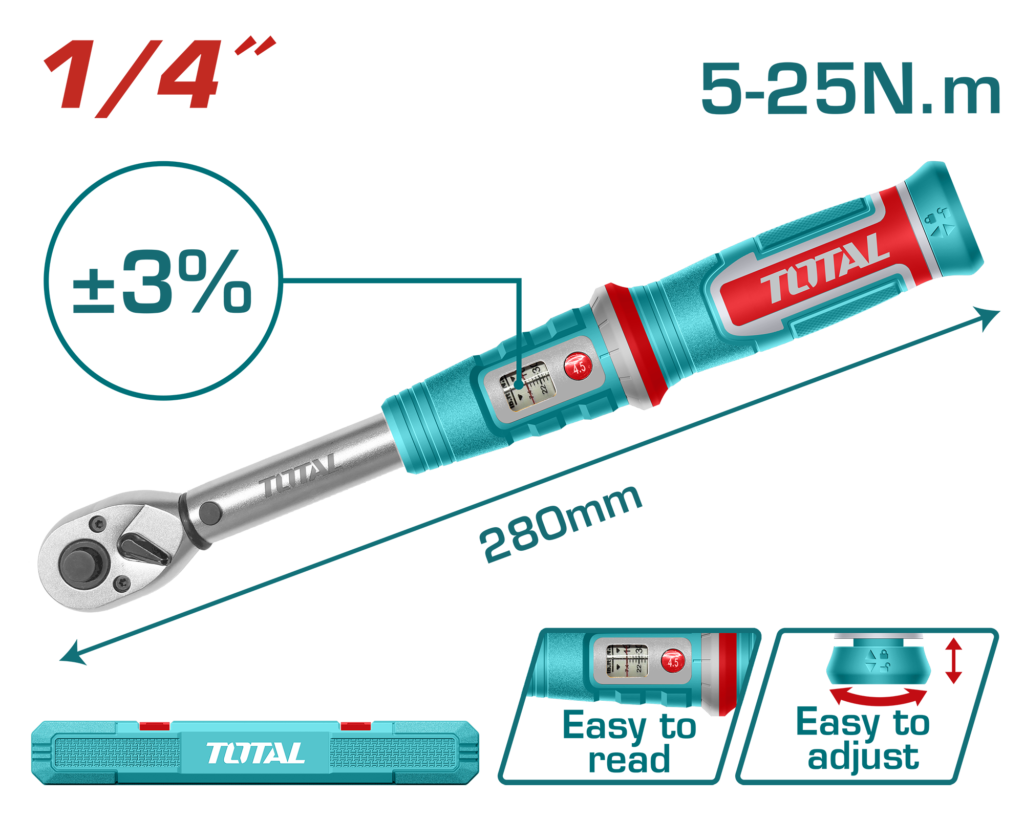 TOTAL Preset Torque Wrench 1/4" – Adjustable Torque Wrench 5-25Nm (THPTW1425N8)