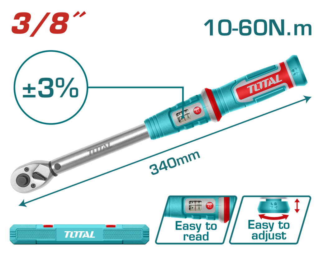 TOTAL Preset Torque Wrench 3/8" – Adjustable Torque Wrench 10-60Nm (THPTW3860N6)