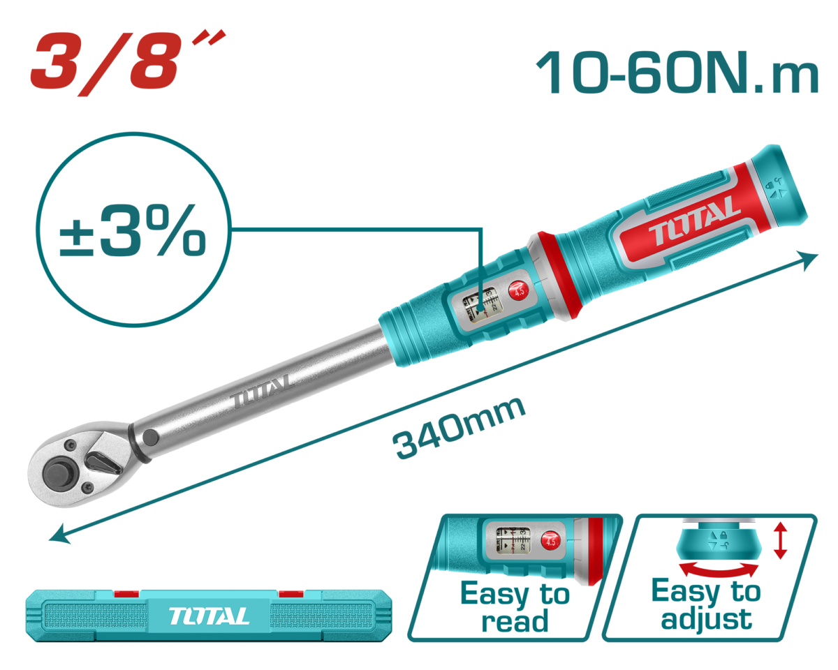 TOTAL Preset Torque Wrench 3/8″ – Adjustable Torque Wrench 10-60Nm (THPTW3860N6)