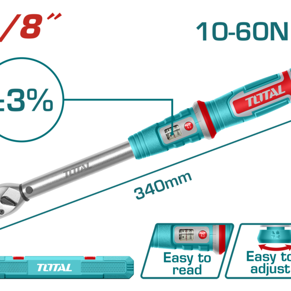 TOTAL Preset Torque Wrench 3/8" – Adjustable Torque Wrench 10-60Nm (THPTW3860N6)