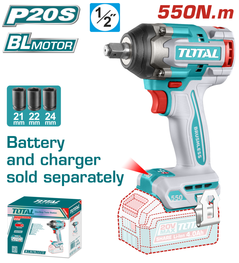 TOTAL 20V Cordless Impact Wrench 1/2" Brushless – 550Nm with Sockets (TIWLI20551)