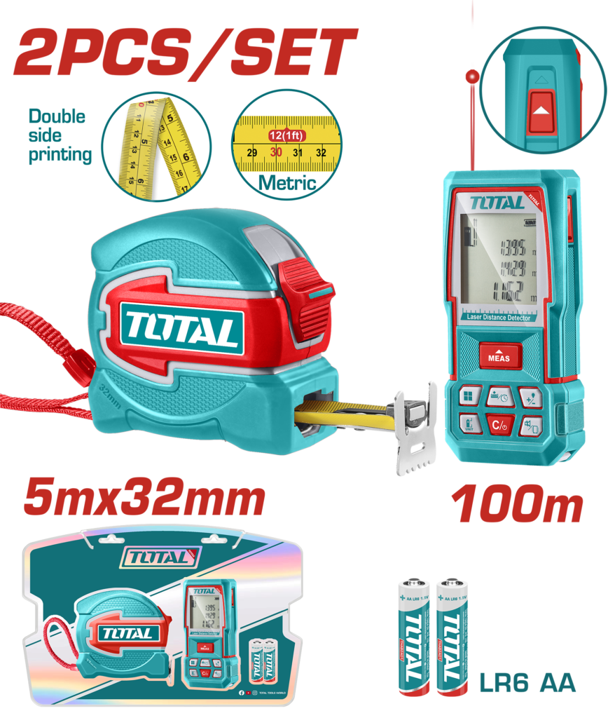 طقم متر ليزر 100 متر مع متر قياس 5 متر من توتال (TOS250902M)