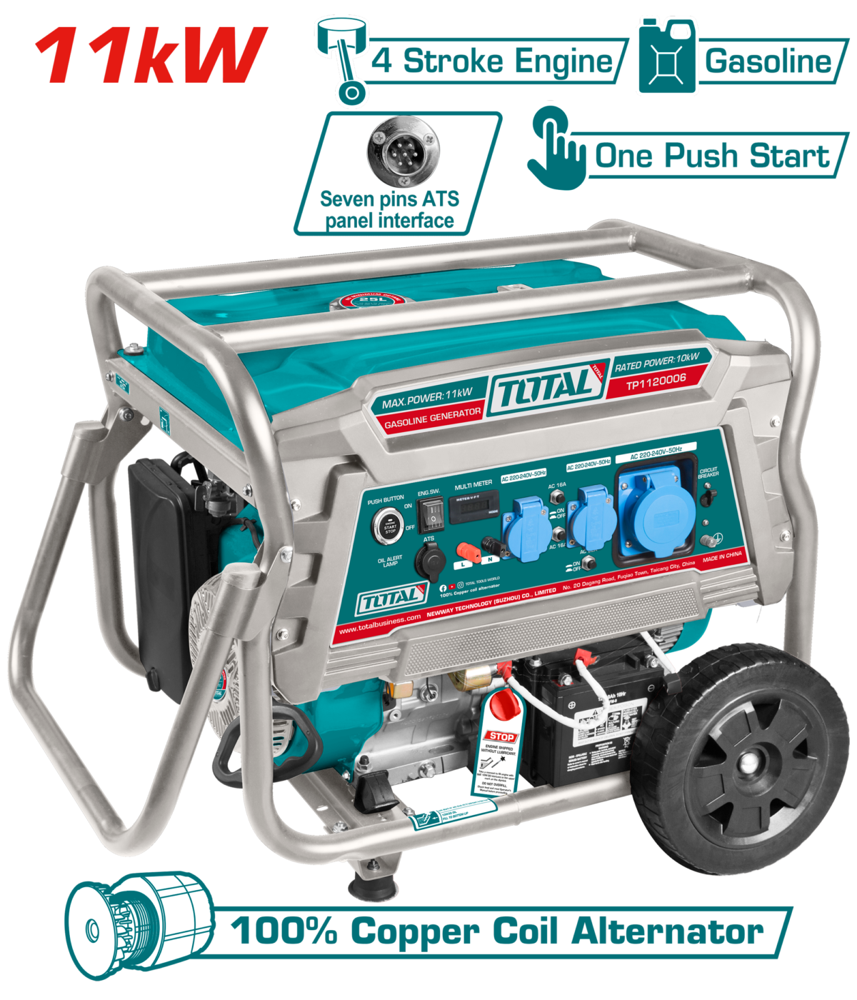 TOTAL Gasoline Generator 11kW – 10kW Rated Output with ATS Interface & Electric Start (TP1120006)