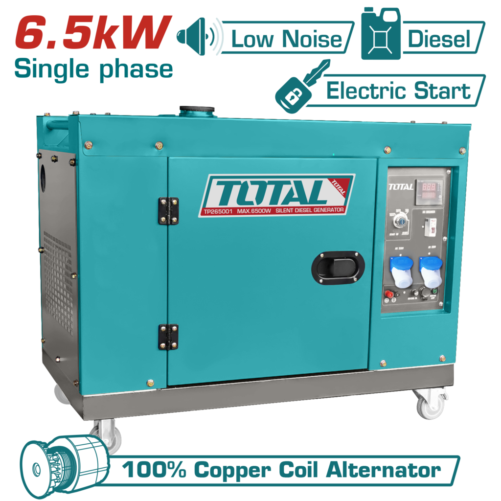 TOTAL Silent Diesel Generator 6.5kW – Single Phase Electric Start Generator (TP265001)