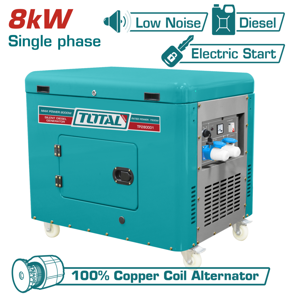 TOTAL Silent Diesel Generator 8.0kW Single Phase – 15HP Electric Start with Copper Coil (TP280001)