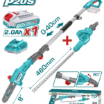 TOTAL 20V Cordless Pole Saw & Hedge Trimmer Set – 2-in-1 Long Reach Garden Tool with Battery (TPTS201681)