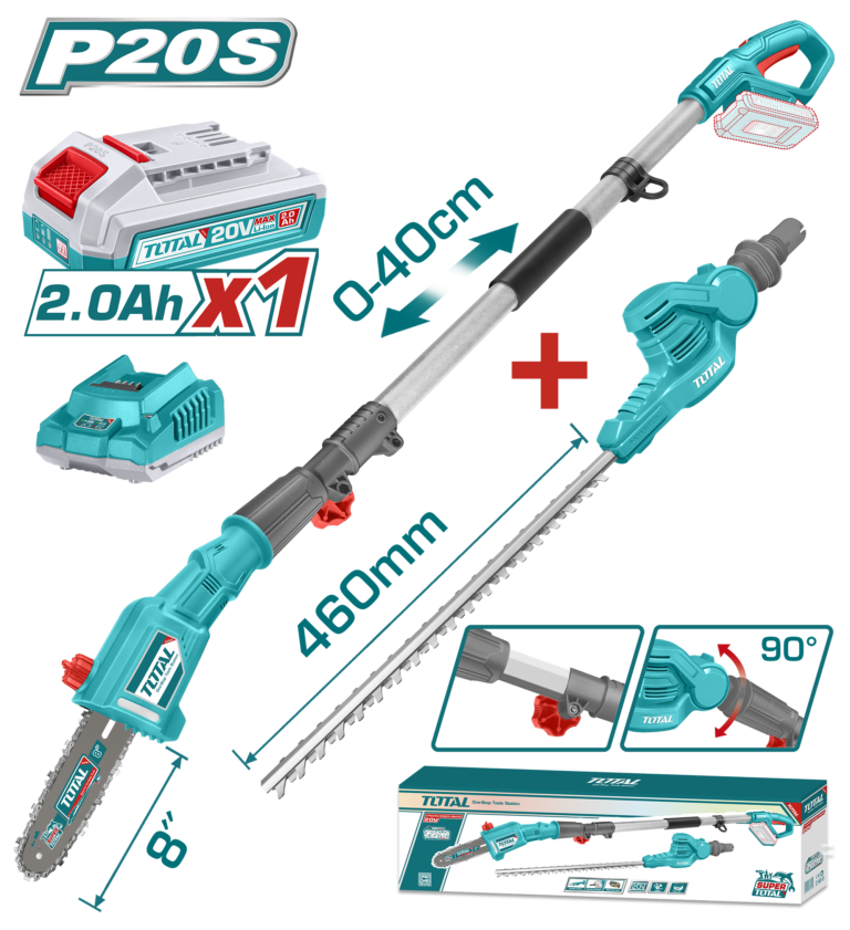 TOTAL 20V Cordless Pole Saw & Hedge Trimmer Set – 2-in-1 Long Reach Garden Tool with Battery (TPTS201681)