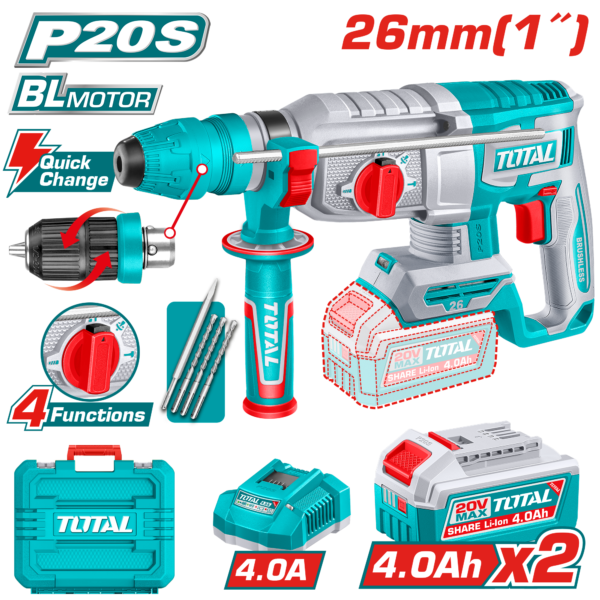 TOTAL 20V Cordless Rotary Hammer SDS Plus Brushless 2.5J – With Keyless Chuck & 2×4.0Ah Batteries (TRHLI202689)
