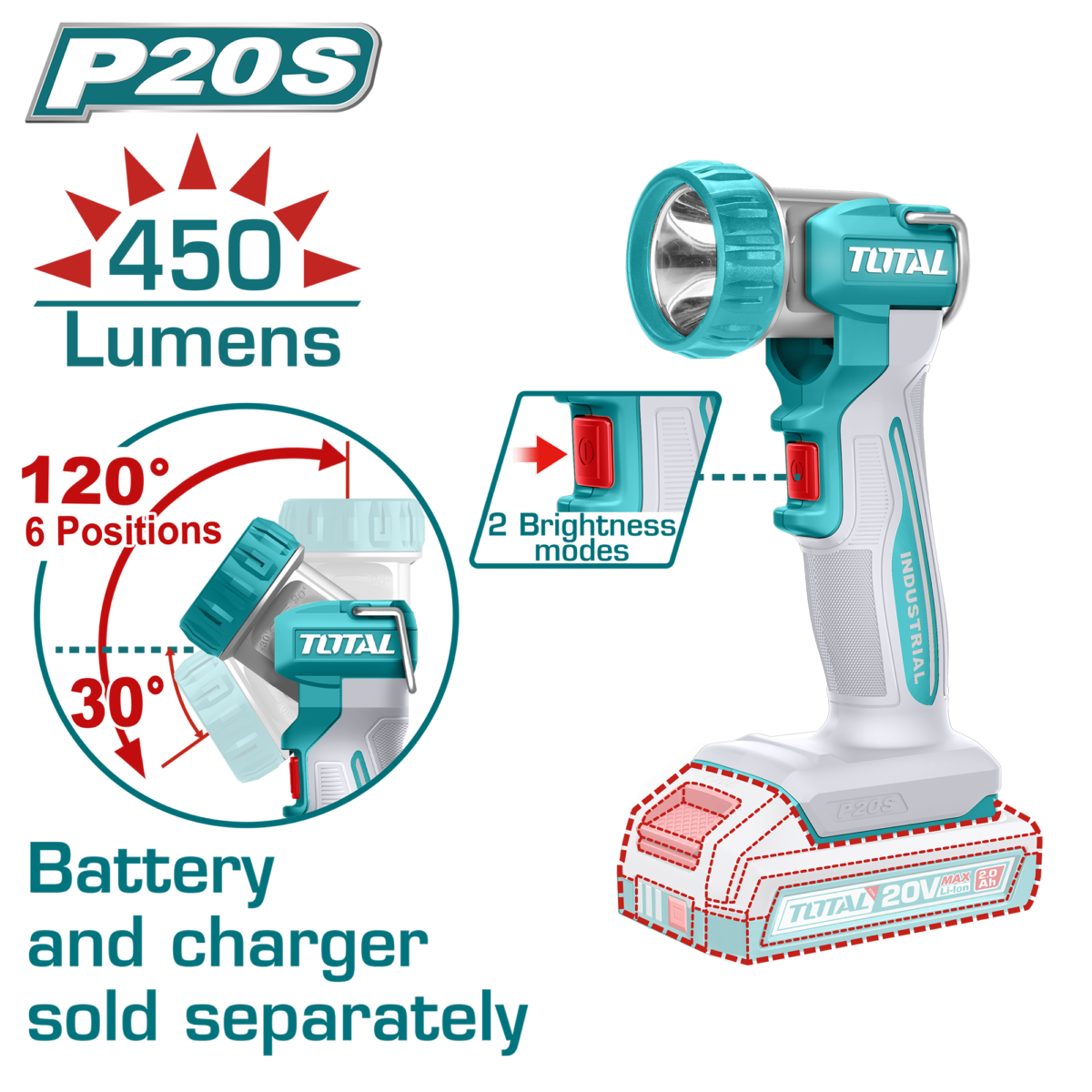 TOTAL Cordless Work Lamp 20V – 450 Lumens LED Portable Work Light (TWLI2058)